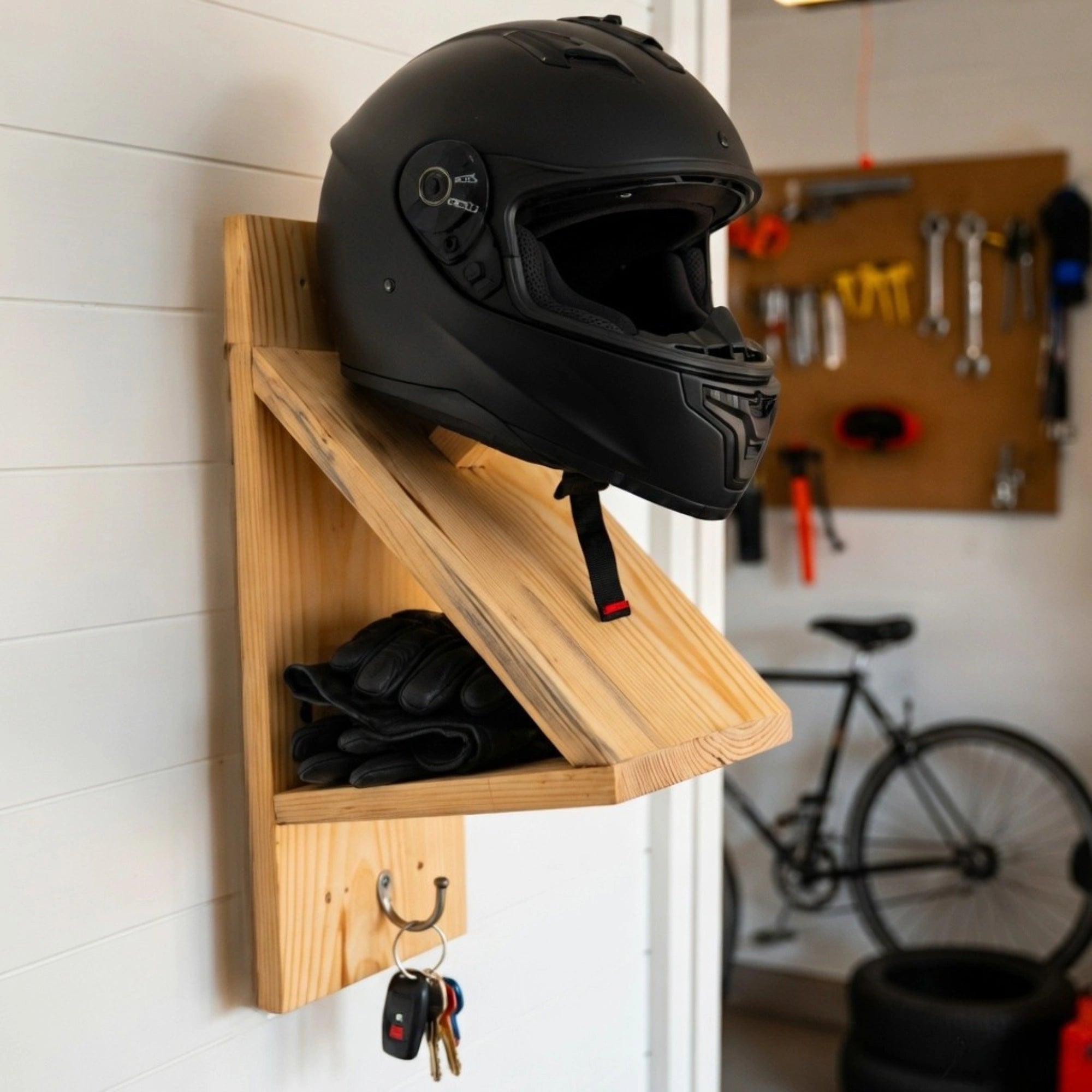 Wood Helmet Holder Wall Mount with Key Hooks