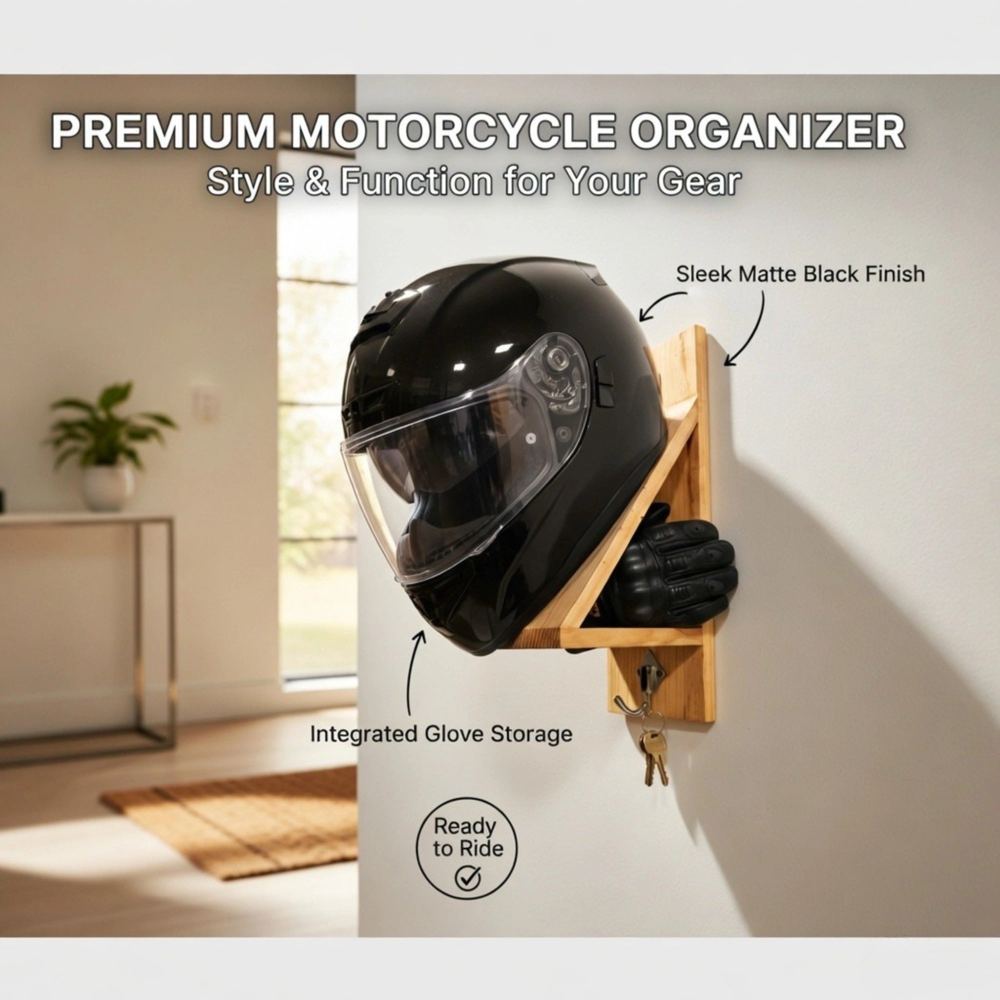 Wood Helmet Holder Wall Mount with Key Hooks
