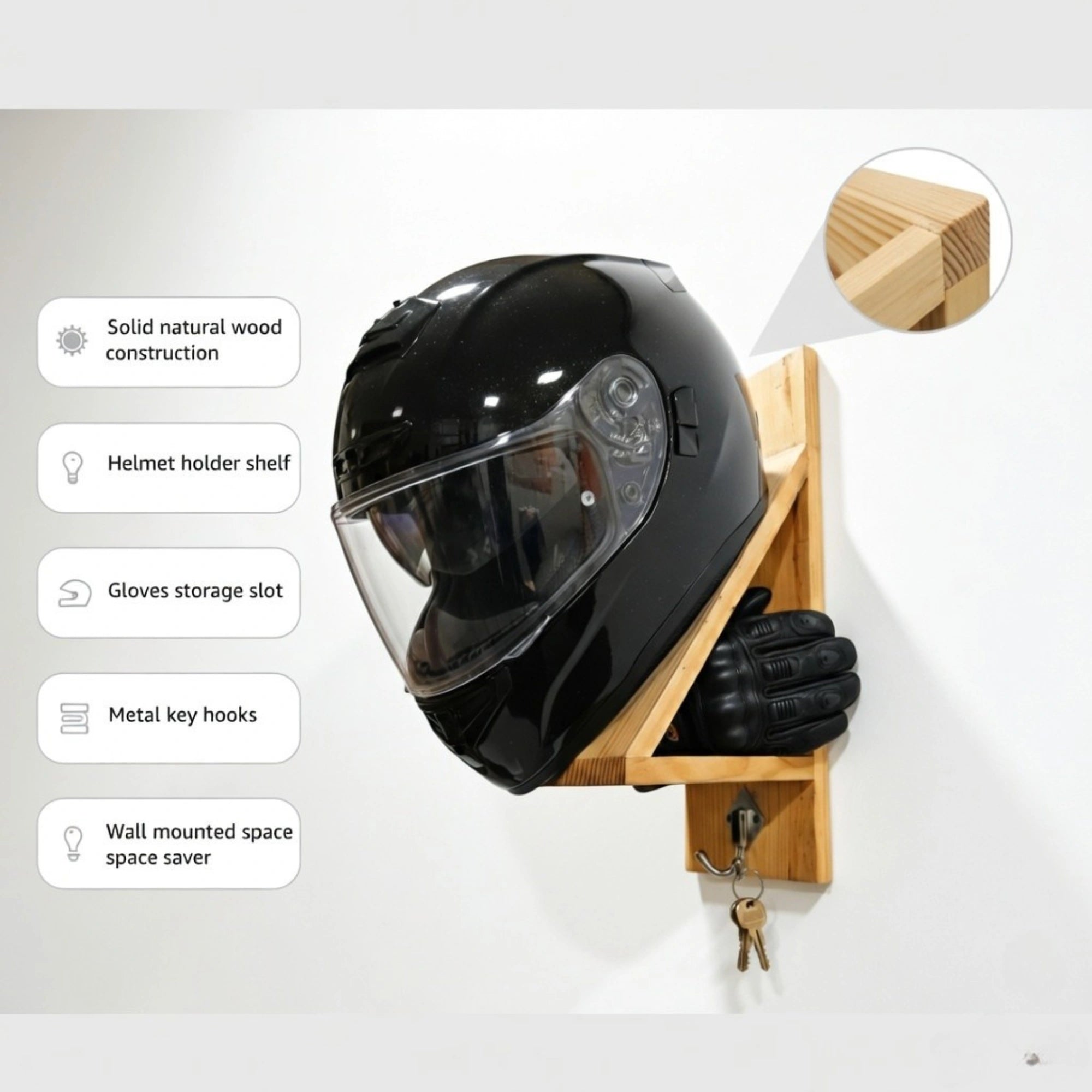 Wood Helmet Holder Wall Mount with Key Hooks