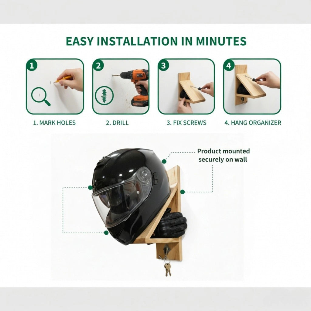 Wood Helmet Holder Wall Mount with Key Hooks
