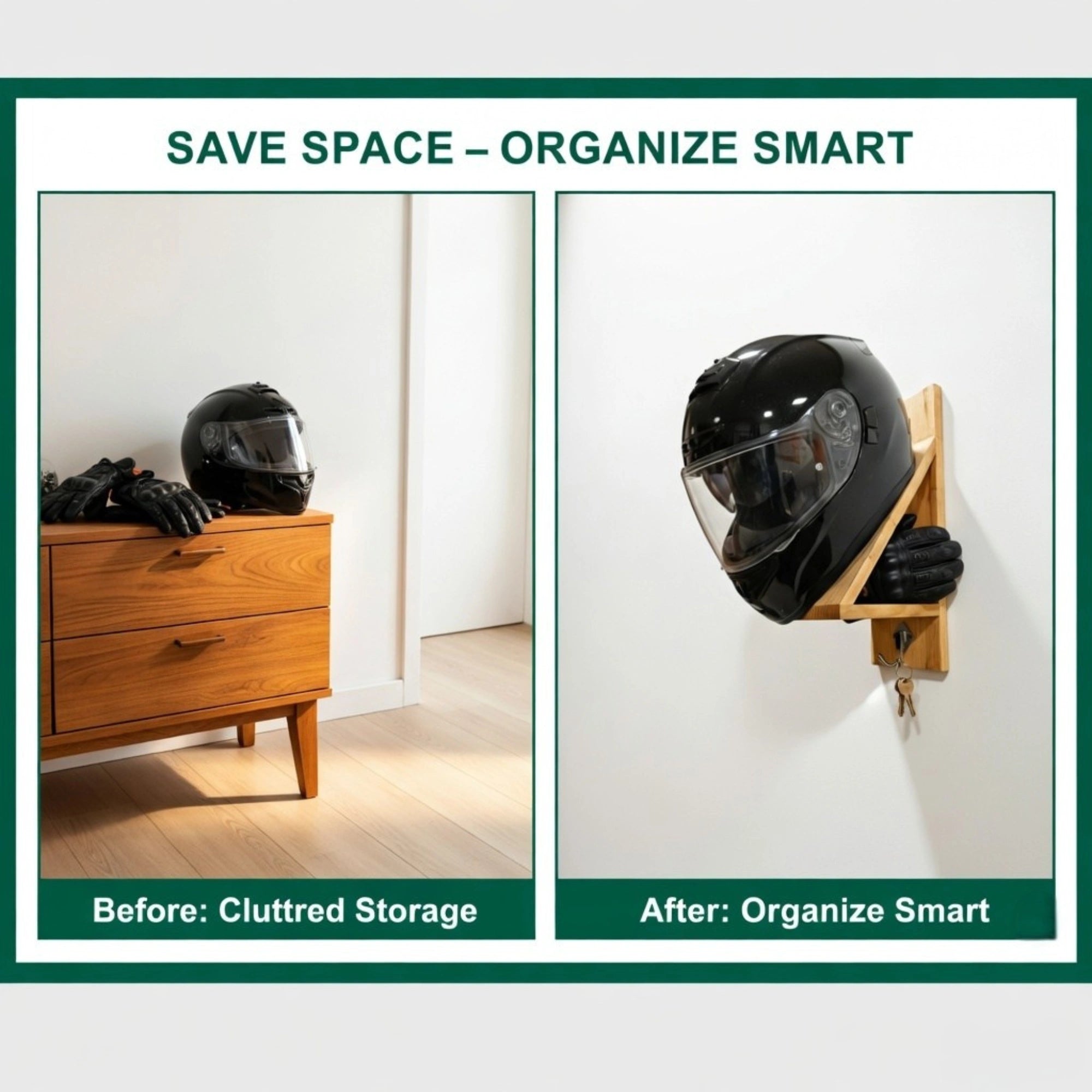 Wood Helmet Holder Wall Mount with Key Hooks