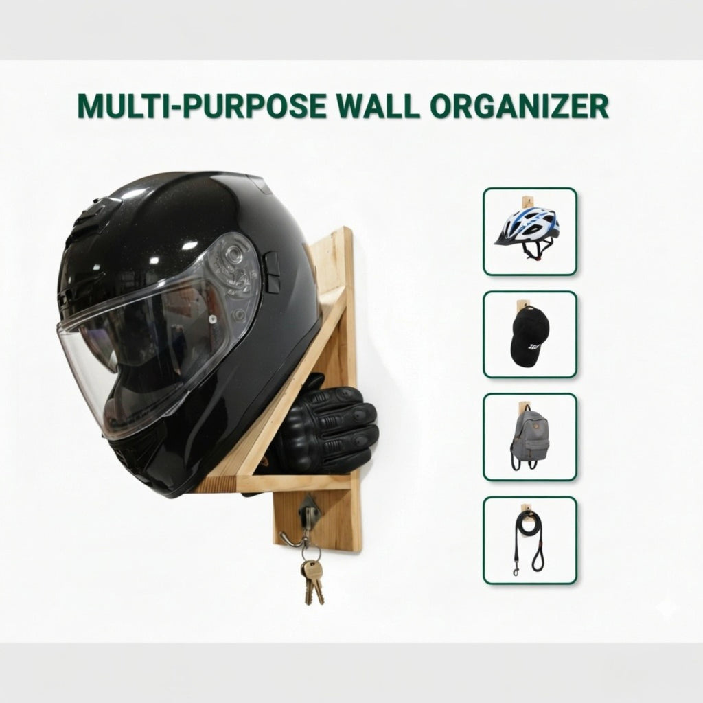 Wood Helmet Holder Wall Mount with Key Hooks